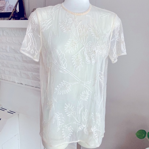 Vintage Tops - Vintage Botanical Embroidered Beaded Sheer Overlay Top